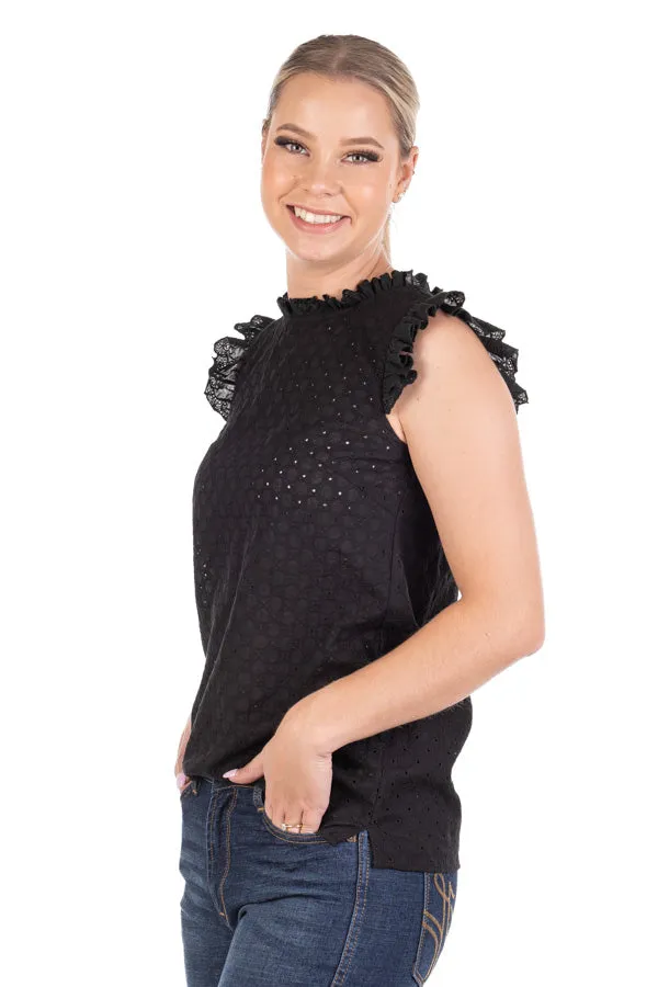 Linen Collection - LC09-14 Black Sleeveless Broderie Anglaise Top