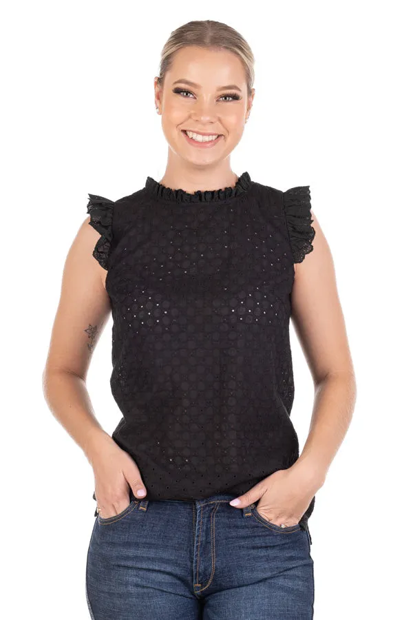 Linen Collection - LC09-14 Black Sleeveless Broderie Anglaise Top