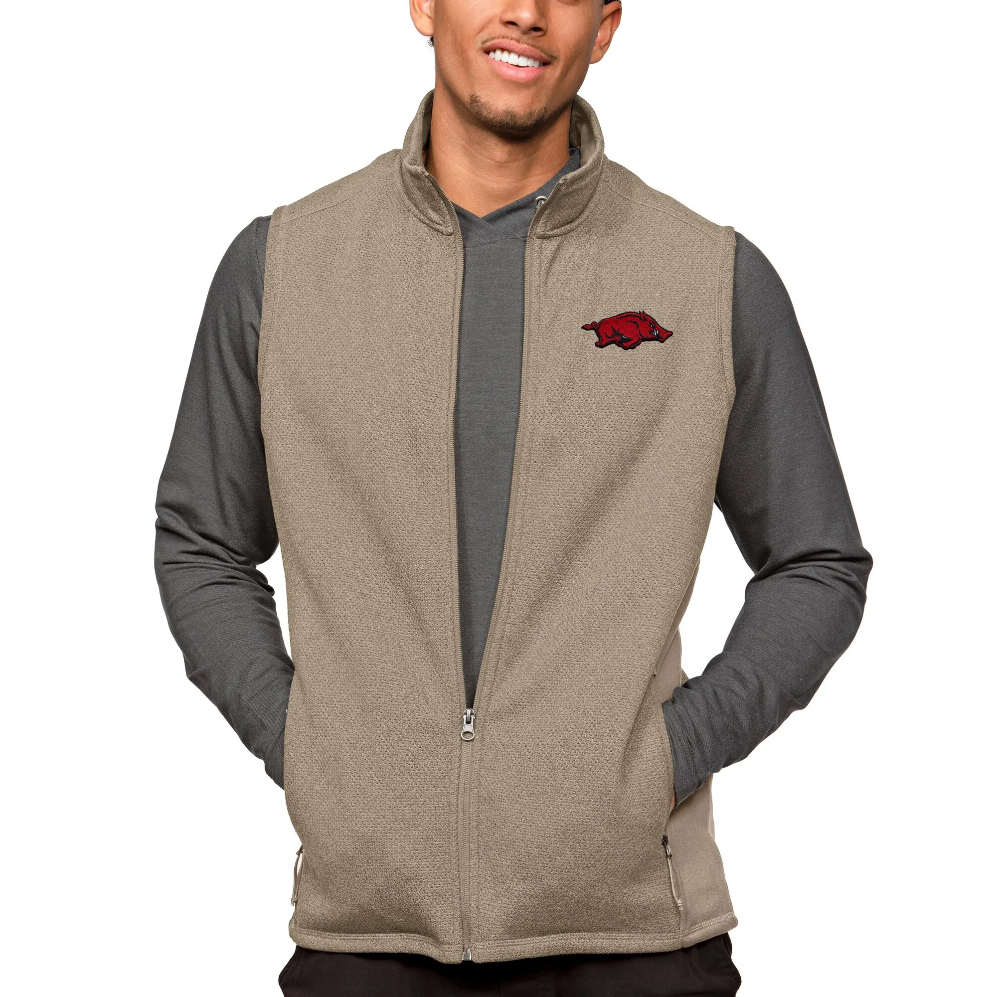 Men's Antigua Oatmeal Arkansas Razorbacks Course Full-Zip Vest