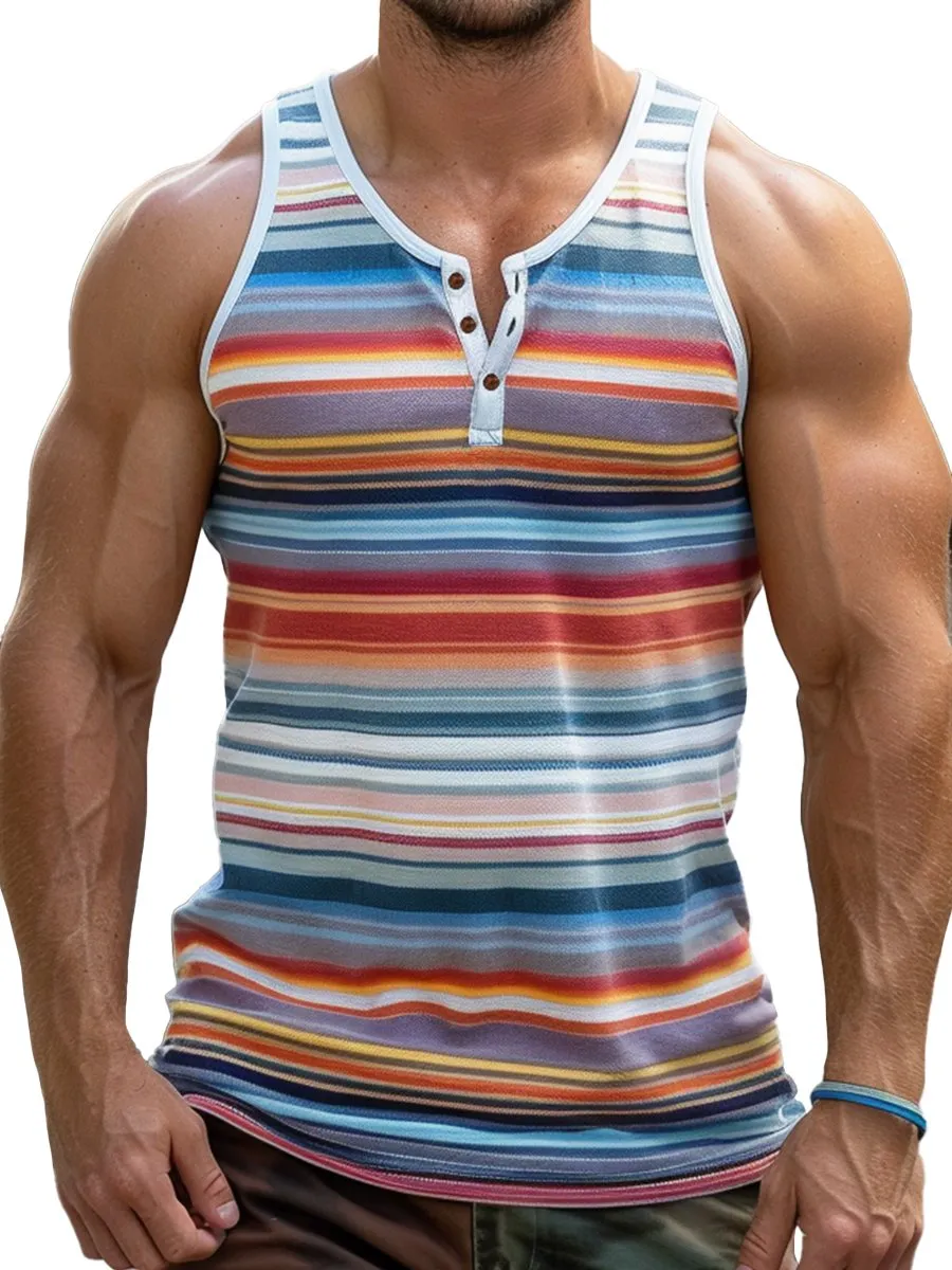 Men's Fresh Rainbow Stripe Print Sleeveless Henley Tank Top