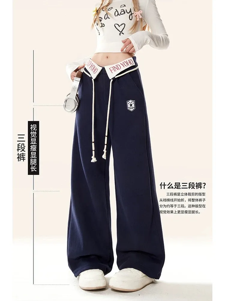 Natural dark blue cuffed waist jazz dance sports pants for women, autumn and winter style American hip-hop wide-leg loose pants