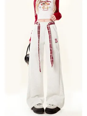 Natural red plaid strap casual sweatpants for women autumn new American straight wide leg sports long pants trendy