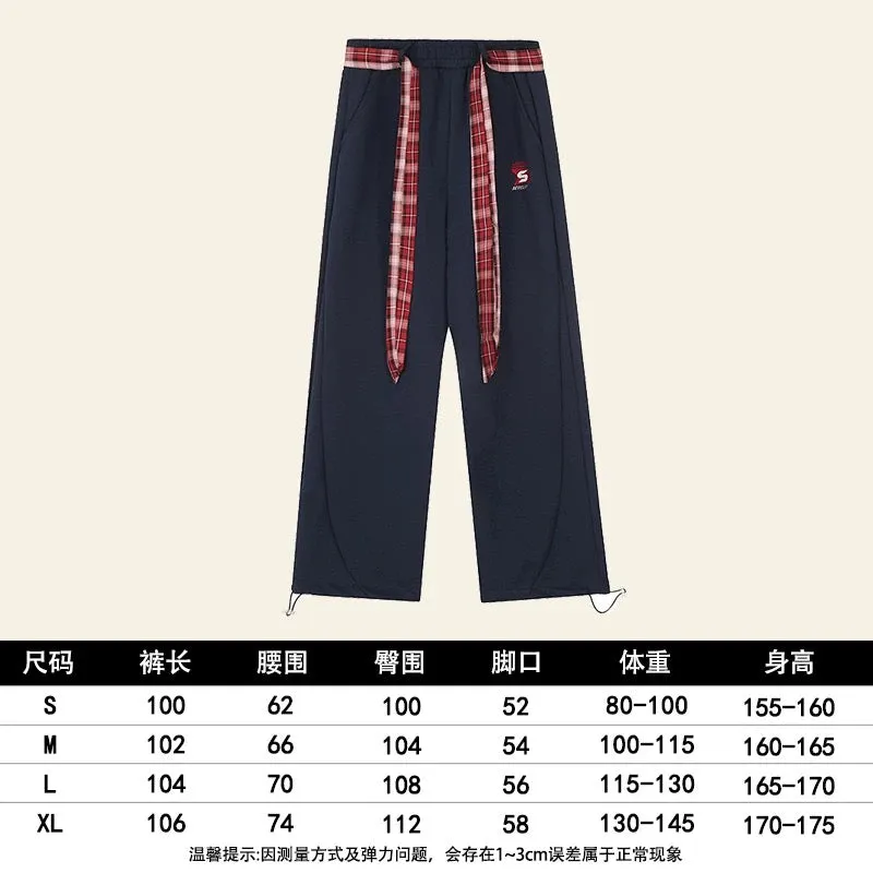 Natural red plaid strap casual sweatpants for women autumn new American straight wide leg sports long pants trendy