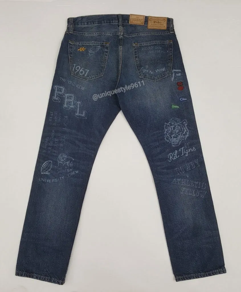 Nwt Polo Ralph Lauren Blue New York State Champs Graphic Patches Varick Slim Straight Jeans