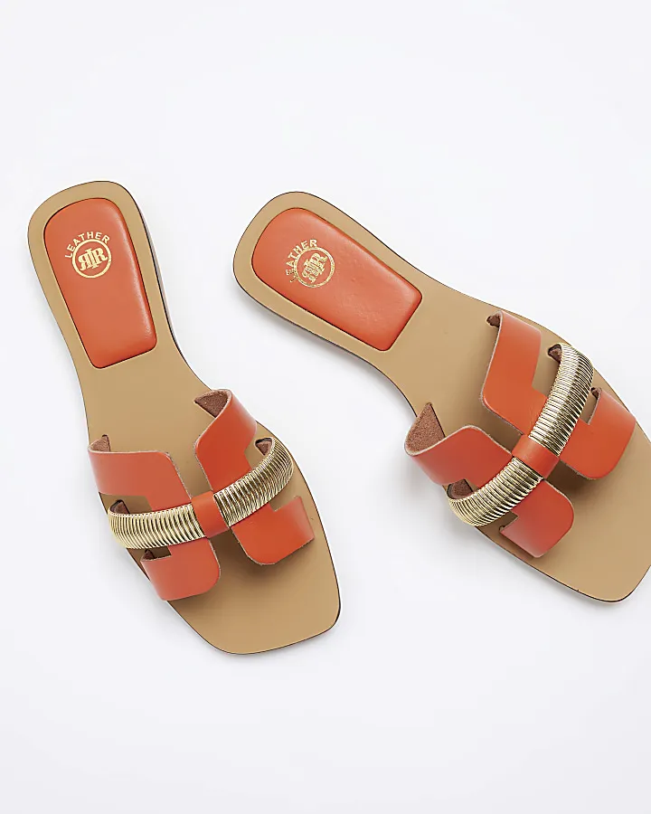 Orange wide fit leather flat sandals