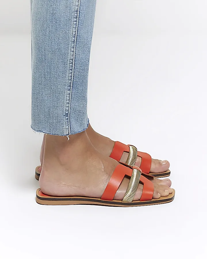 Orange wide fit leather flat sandals