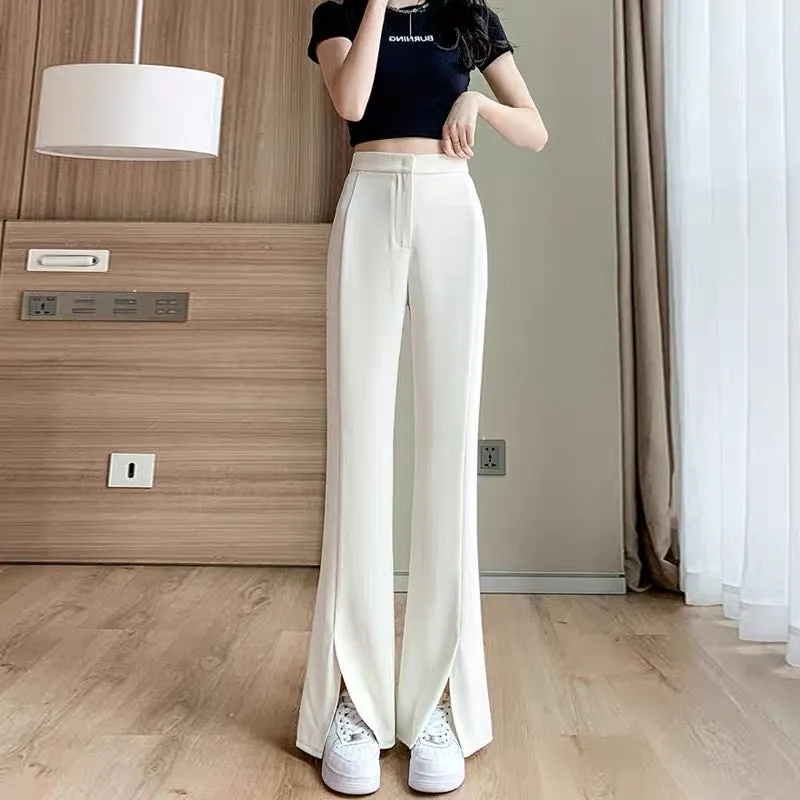 Pants Women's Autumn Ice Silk Thin Suit Pants Loose Drape Slightly Raised High Waist Slim Straight Slit Wide Leg Casual Pants (B