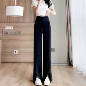 Pants Women's Autumn Ice Silk Thin Suit Pants Loose Drape Slightly Raised High Waist Slim Straight Slit Wide Leg Casual Pants (B