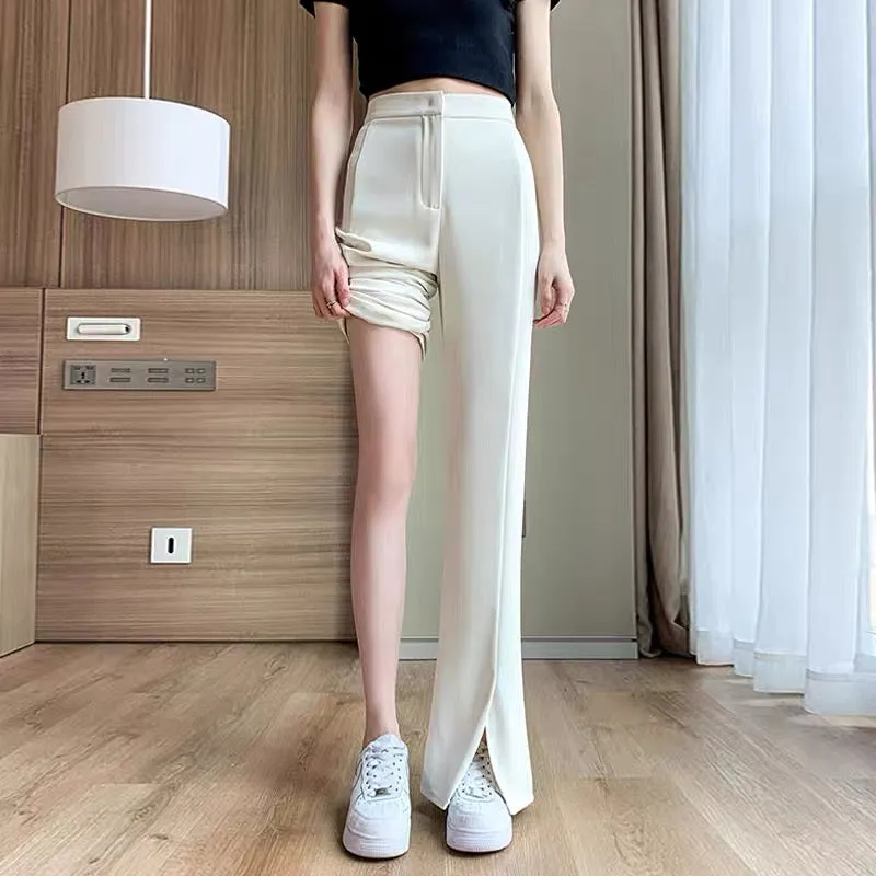 Pants Women's Autumn Ice Silk Thin Suit Pants Loose Drape Slightly Raised High Waist Slim Straight Slit Wide Leg Casual Pants (B