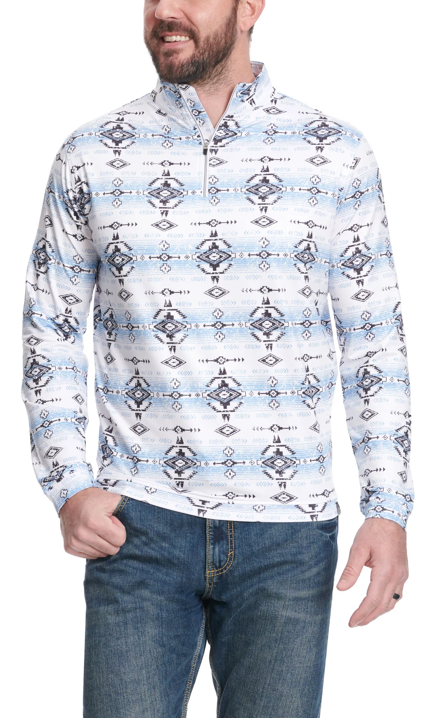 Rafter C Men's Cornflower Blue & Black Aztec 1/4 Zip Pullover 