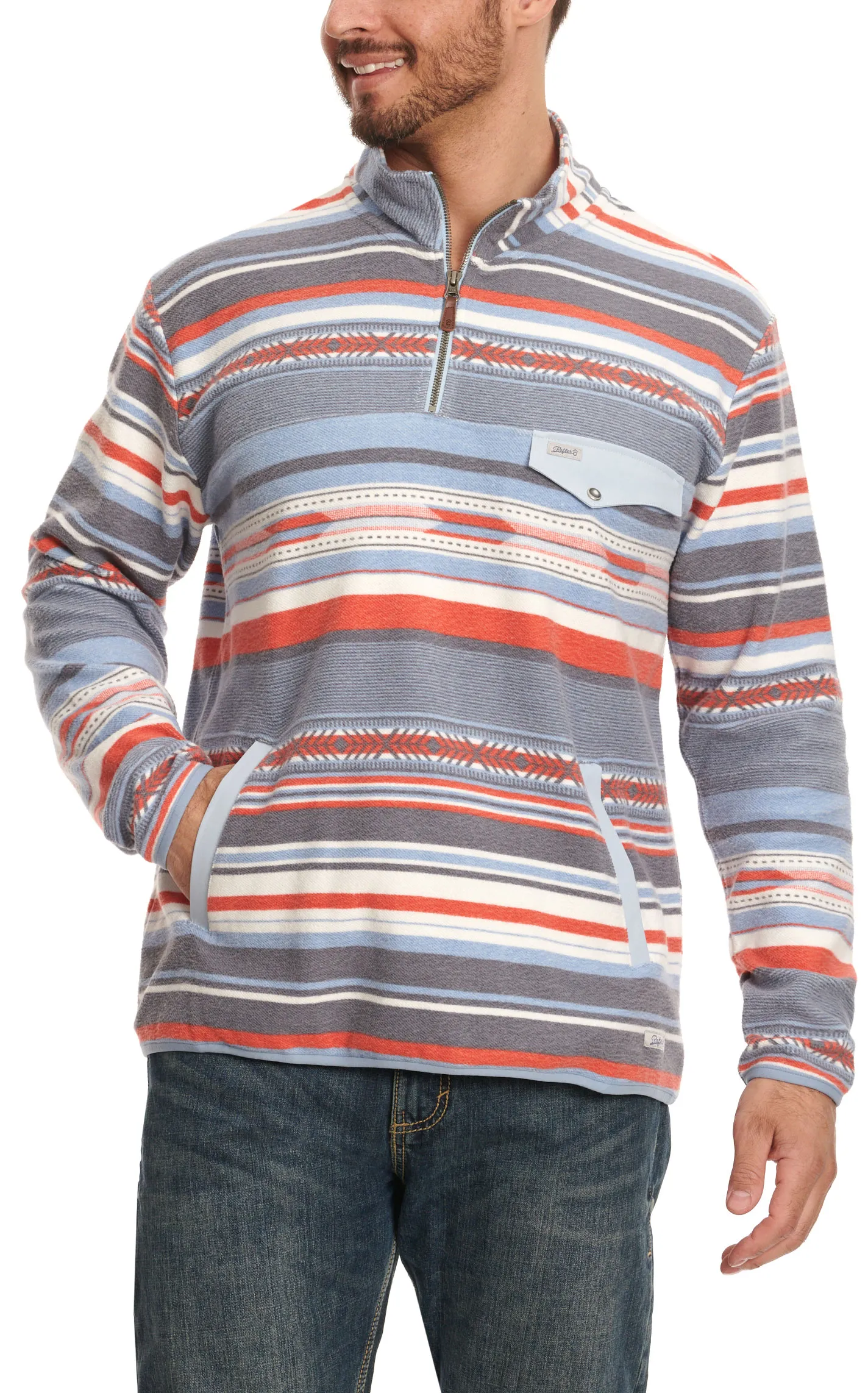 Rafter C Red Dirt Collection Men's Cornflower Blue & Tomato Red Aztec Print 1/4 Zip Pullover