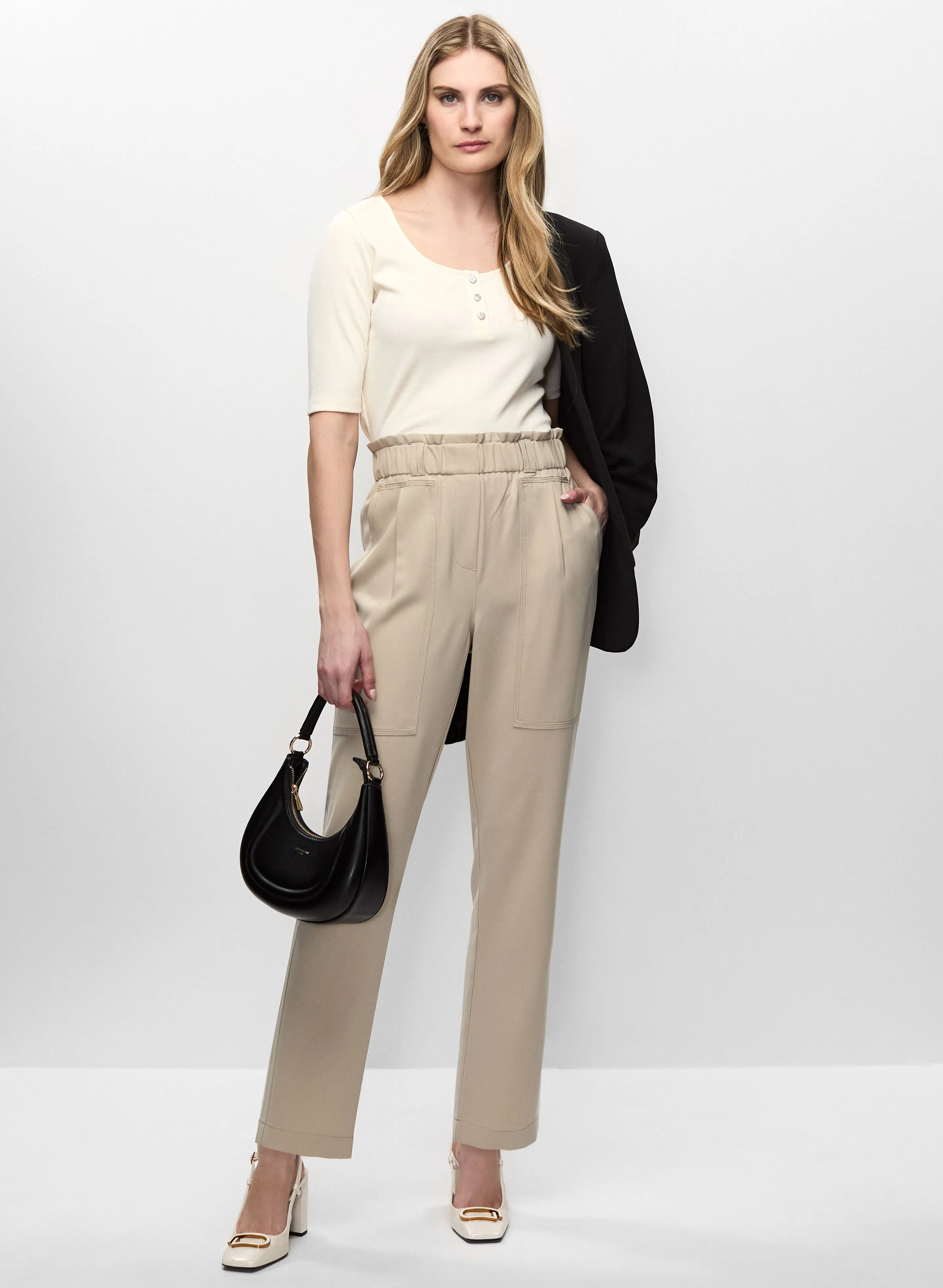 Roll-Up Sleeve Jacket, Scoop Neck Tee & Ruffle Waist Pull-On Pants