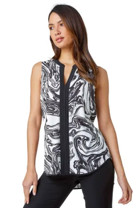 Roman Black Sleeveless V-Neck Marble Print Stretch Top