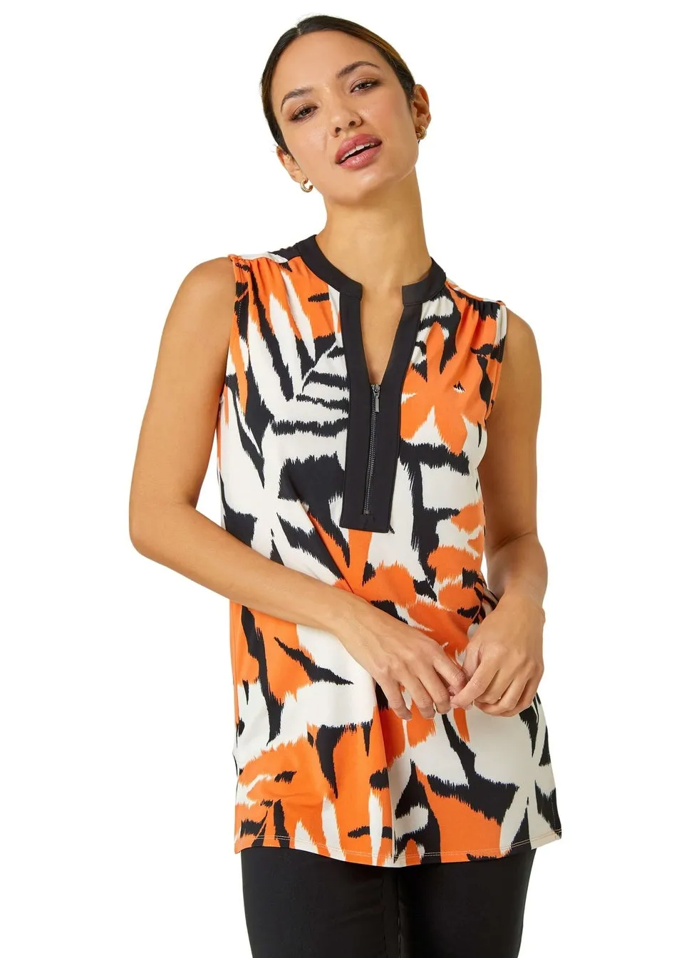 Roman Orange Sleeveless V-Neck Leaf Print Zip Top