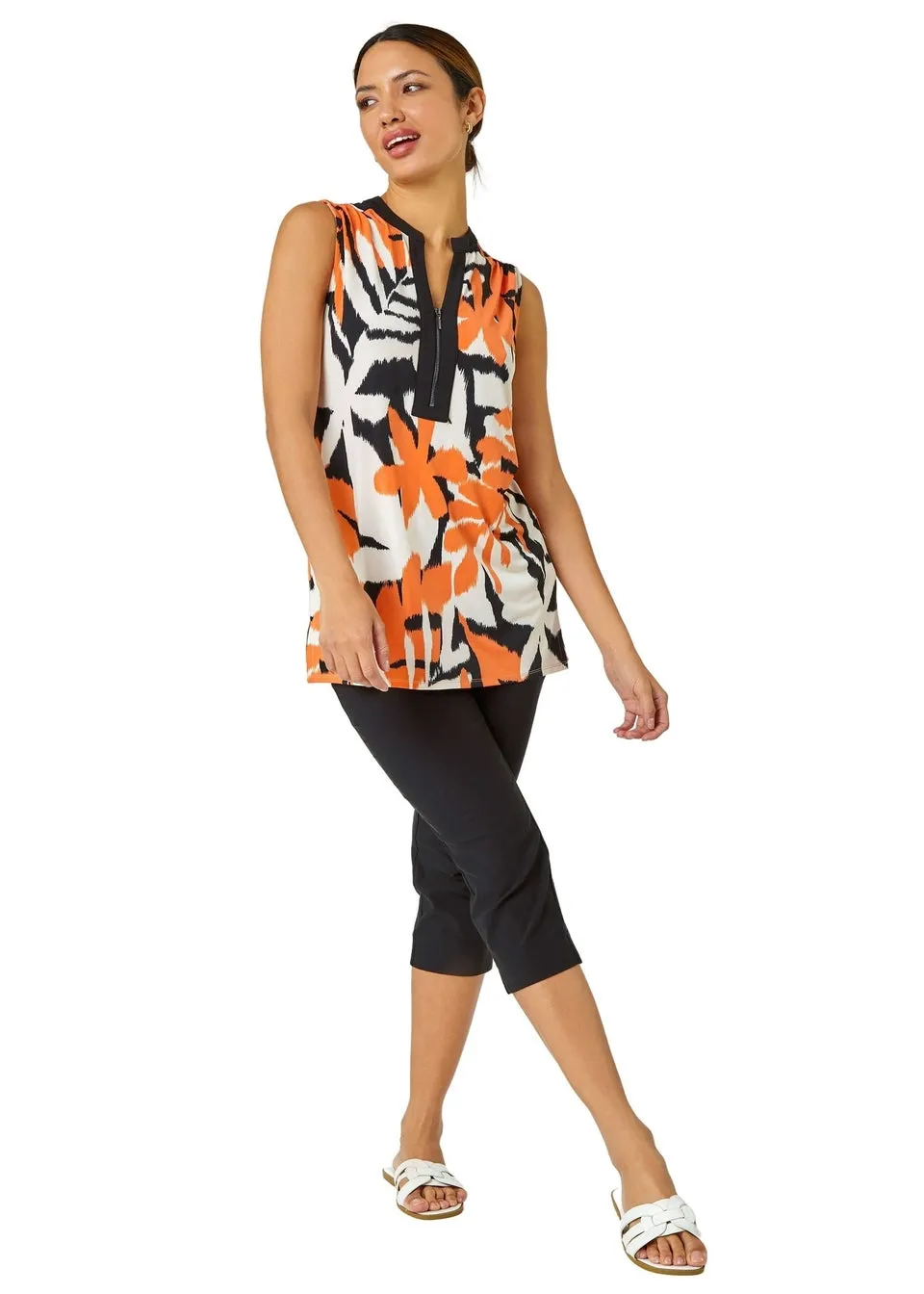 Roman Orange Sleeveless V-Neck Leaf Print Zip Top