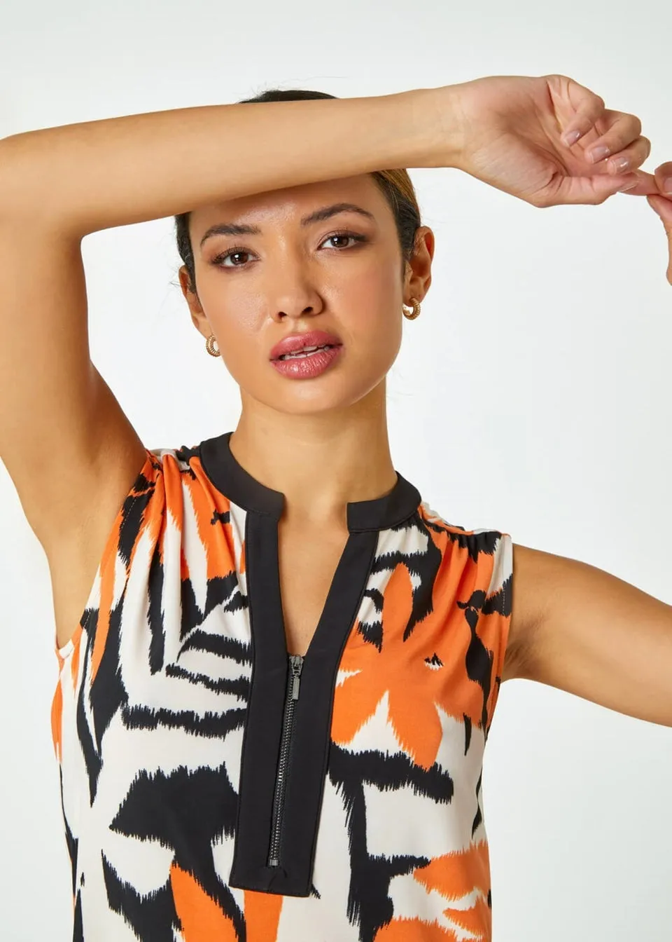 Roman Orange Sleeveless V-Neck Leaf Print Zip Top