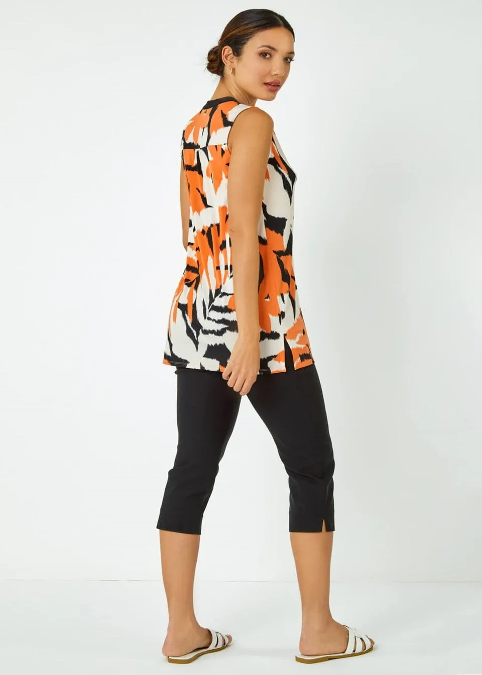 Roman Orange Sleeveless V-Neck Leaf Print Zip Top