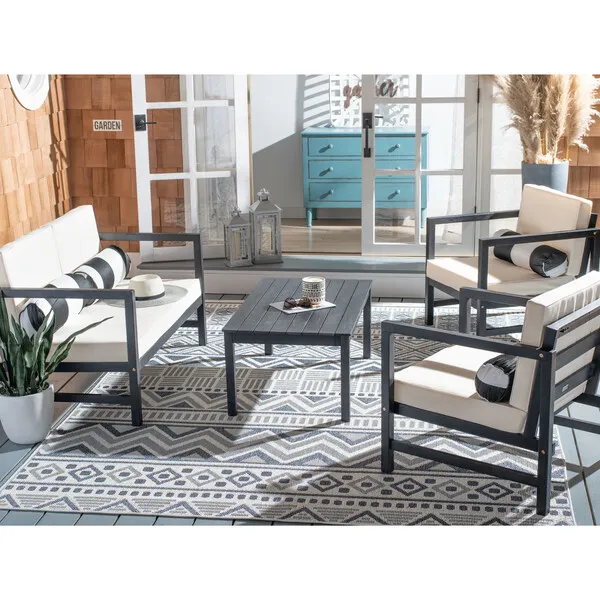 Safavieh Montez 4-Piece Outdoor Set with Accent Pillows, Black/Cream