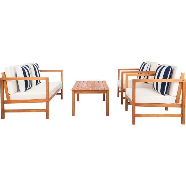 Safavieh Montez 4-Piece Outdoor Set with Accent Pillows, Navy Stripe/Natural