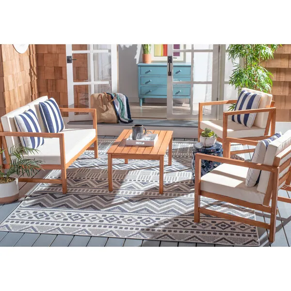 Safavieh Montez 4-Piece Outdoor Set with Accent Pillows, Navy Stripe/Natural