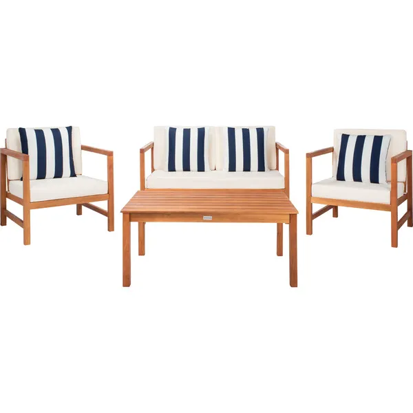 Safavieh Montez 4-Piece Outdoor Set with Accent Pillows, Navy Stripe/Natural