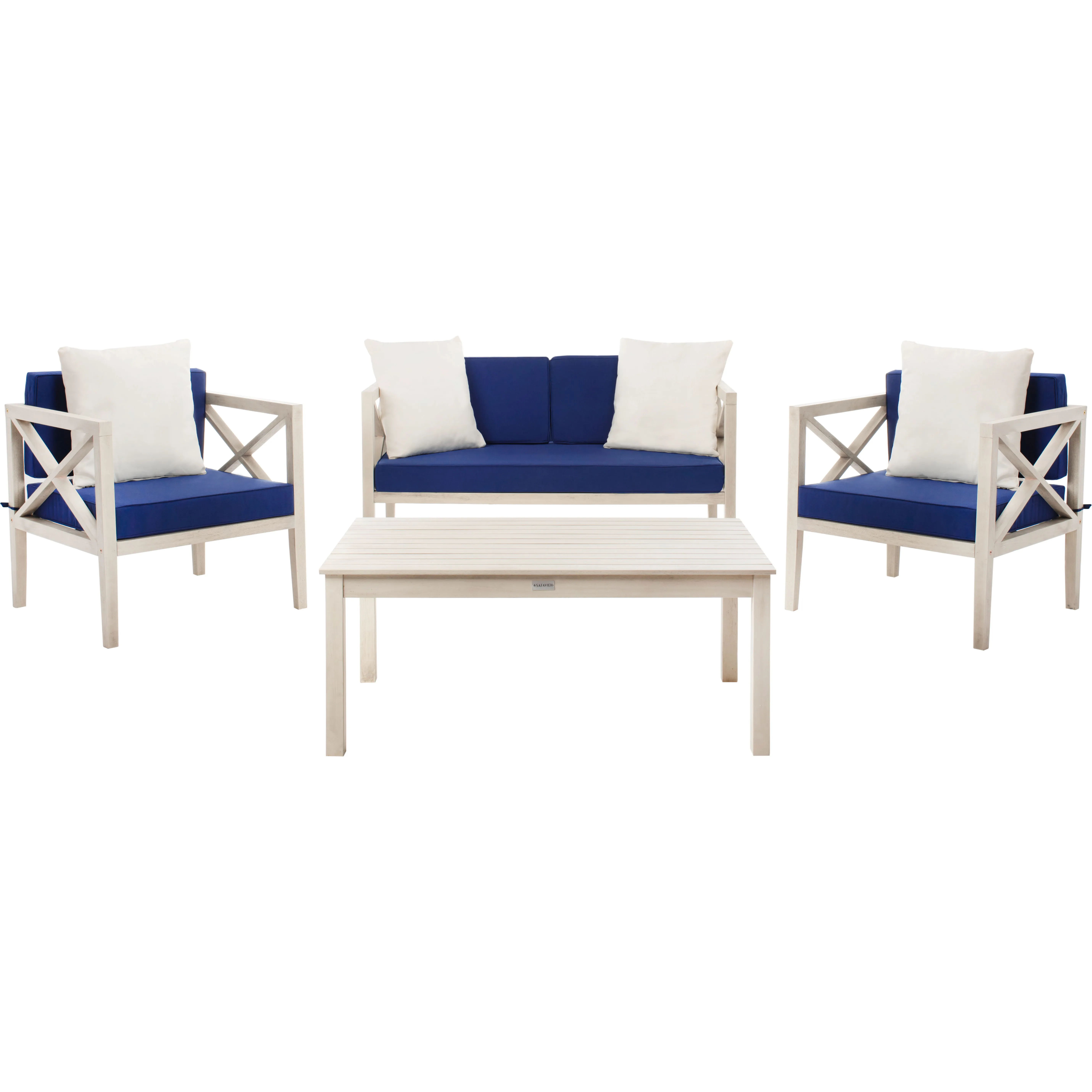 Safavieh Nunzio 4-Piece Outdoor Set with Accent Pillows, White/Blue