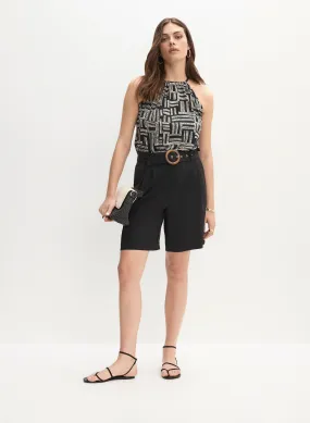 Sleeveless Geometric Print Top & Pleated Belted Shorts