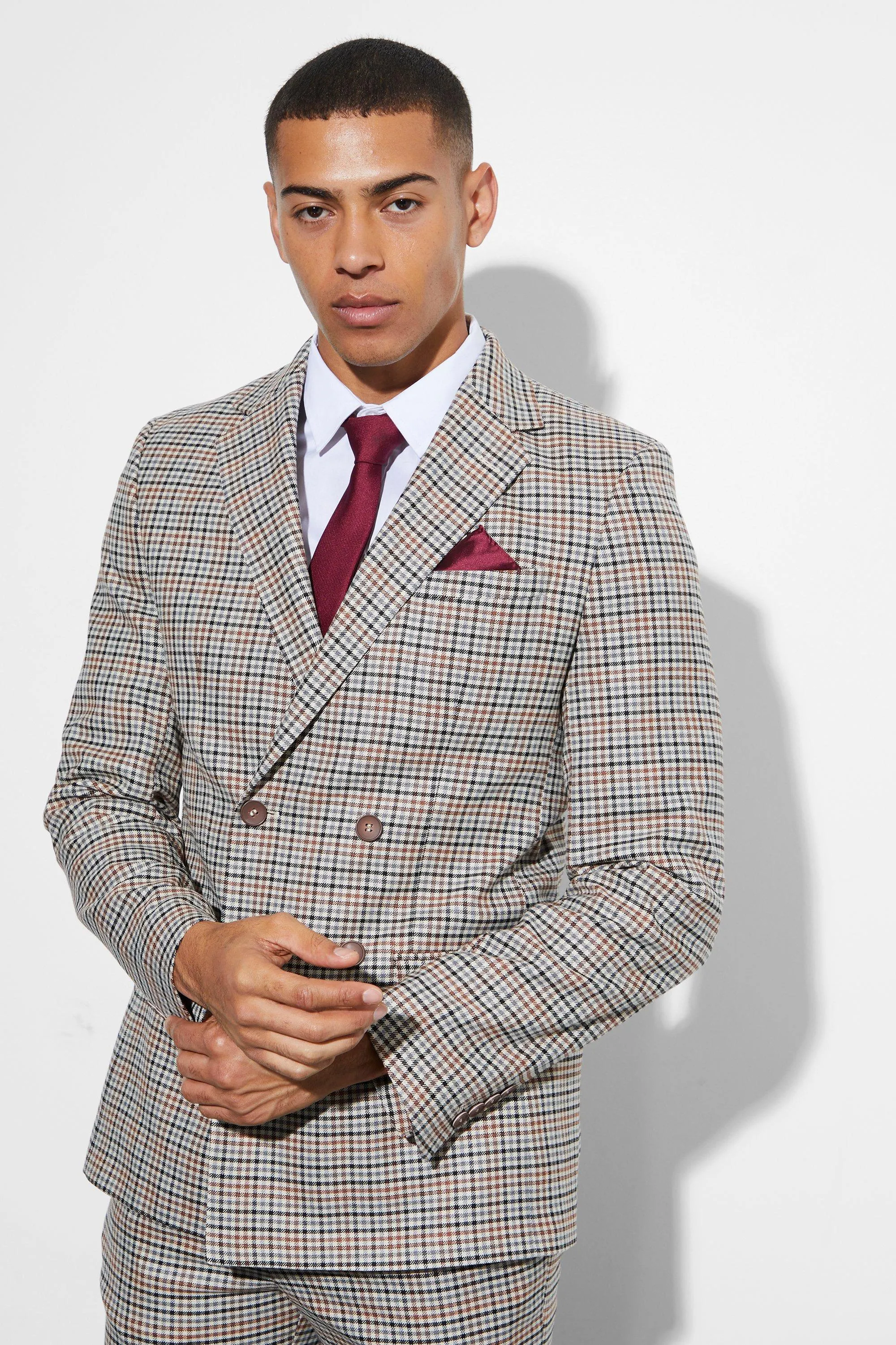 Slim Double Breasted Check Suit Jacket