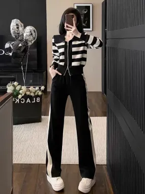 Sports and leisure suits for women, new fashionable autumn clothes, slimming and age-reducing striped sweatshirts, wide-leg pant