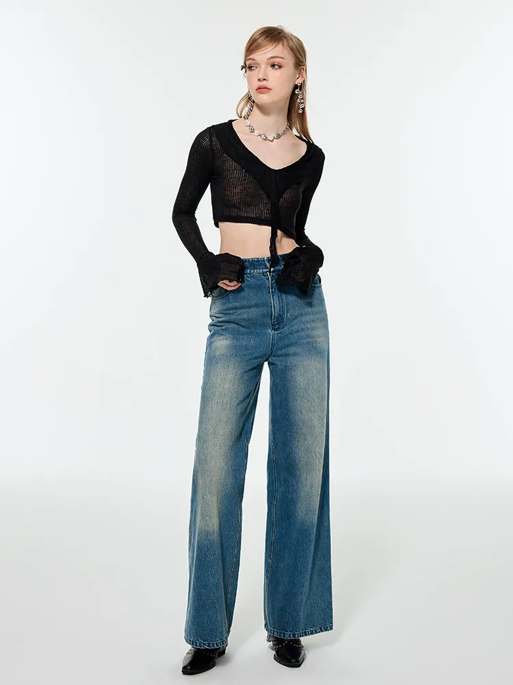 Straight Denim Faded Loose Wide-Pants