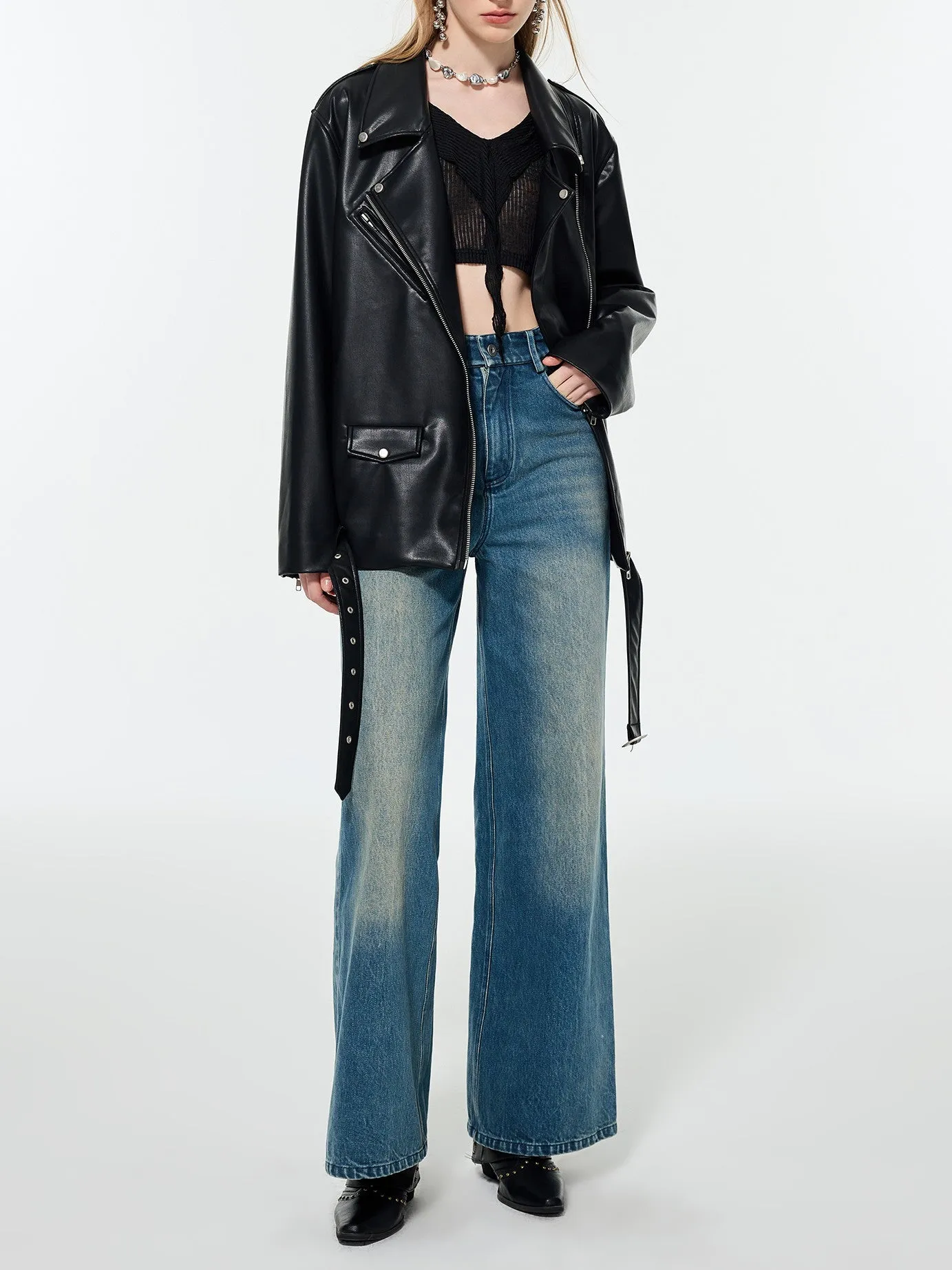 Straight Denim Faded Loose Wide-Pants