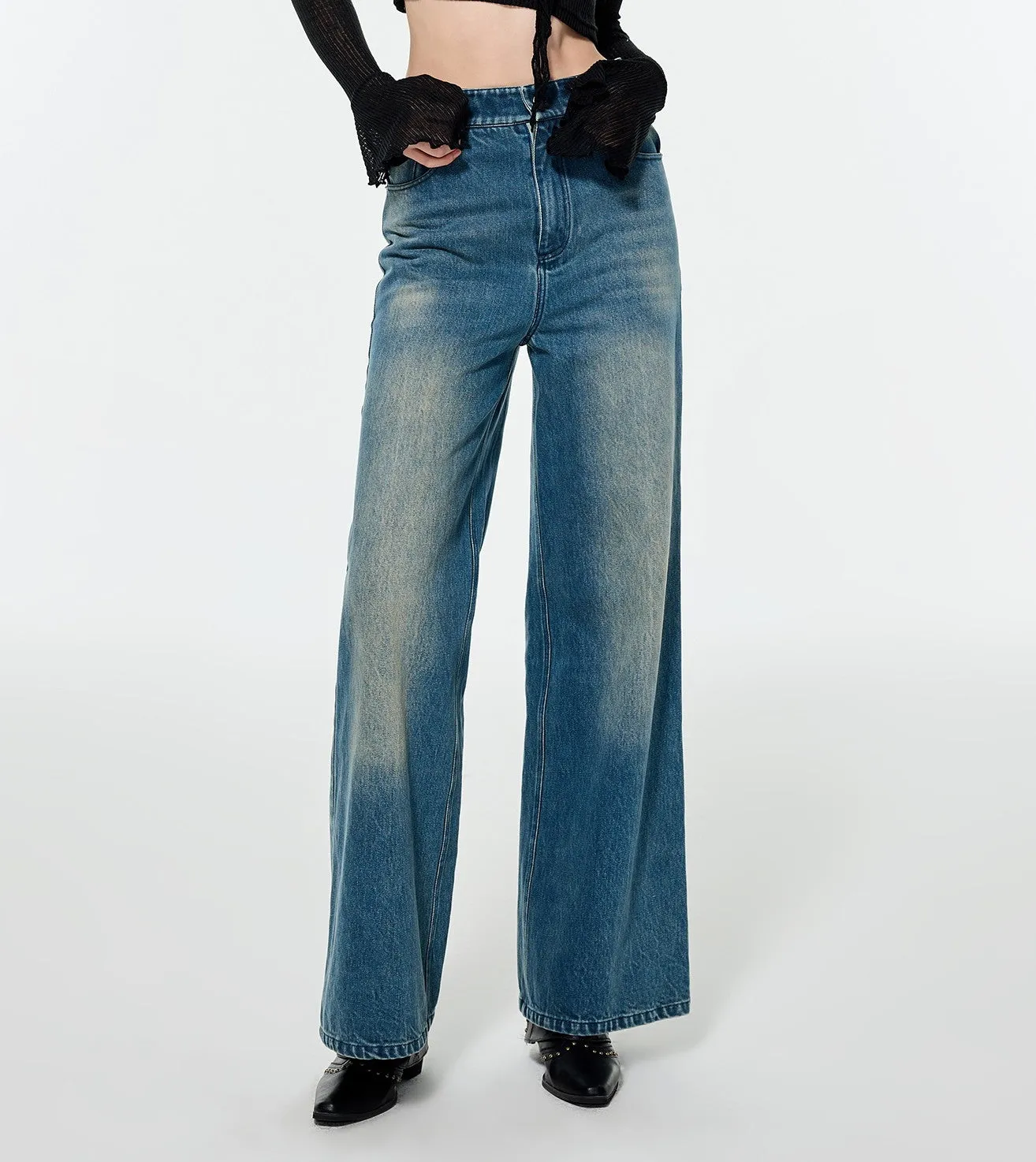 Straight Denim Faded Loose Wide-Pants