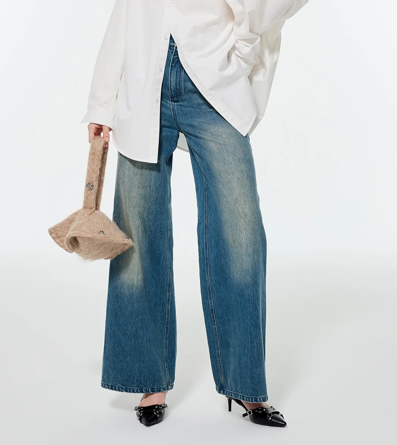 Straight Denim Faded Loose Wide-Pants