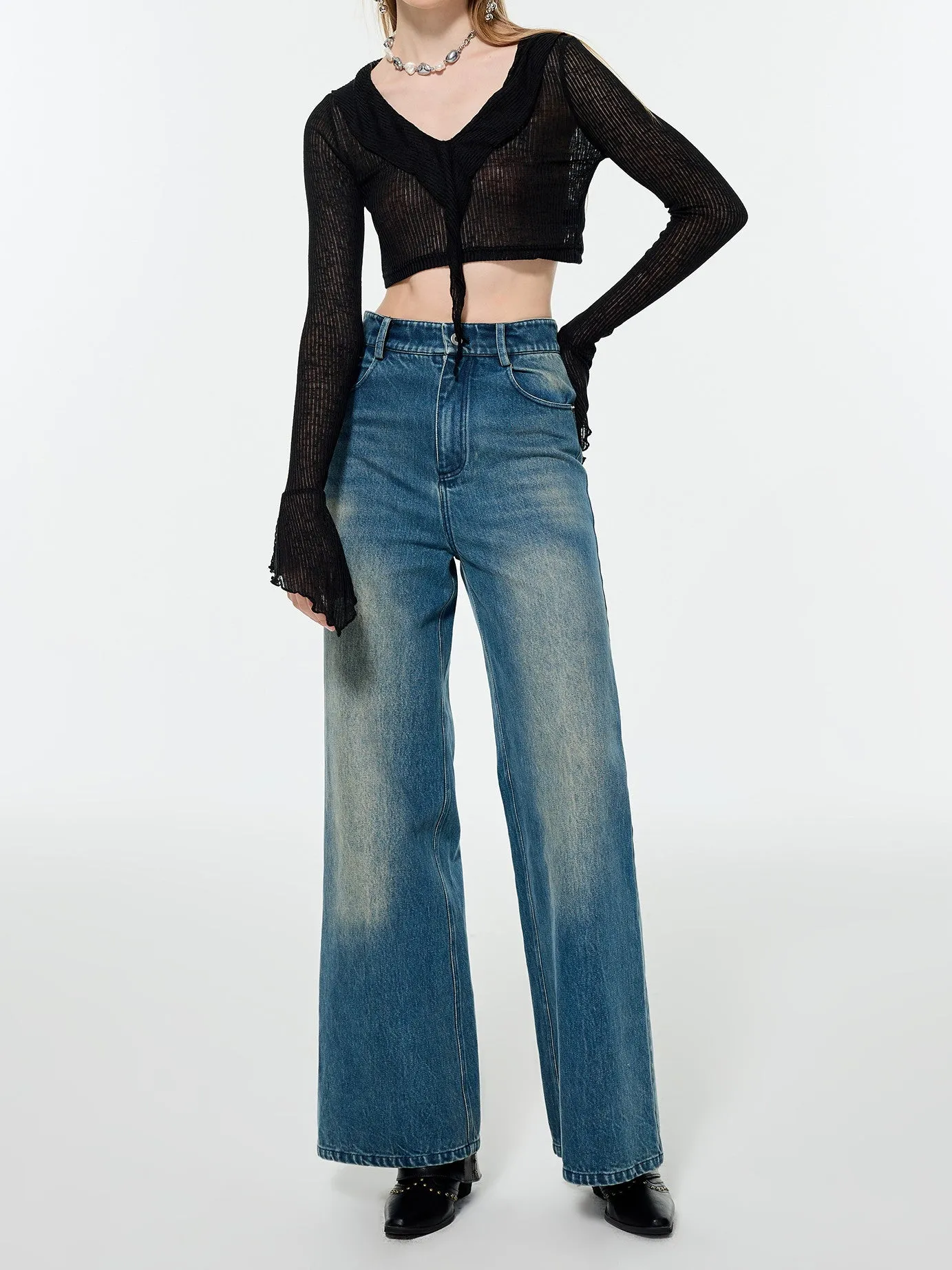 Straight Denim Faded Loose Wide-Pants