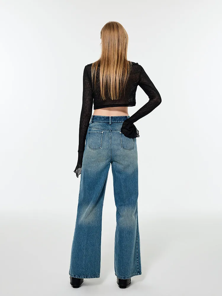 Straight Denim Faded Loose Wide-Pants