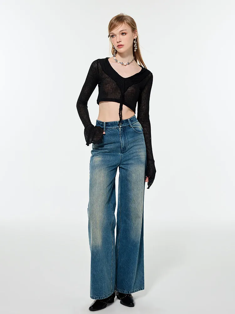 Straight Denim Faded Loose Wide-Pants