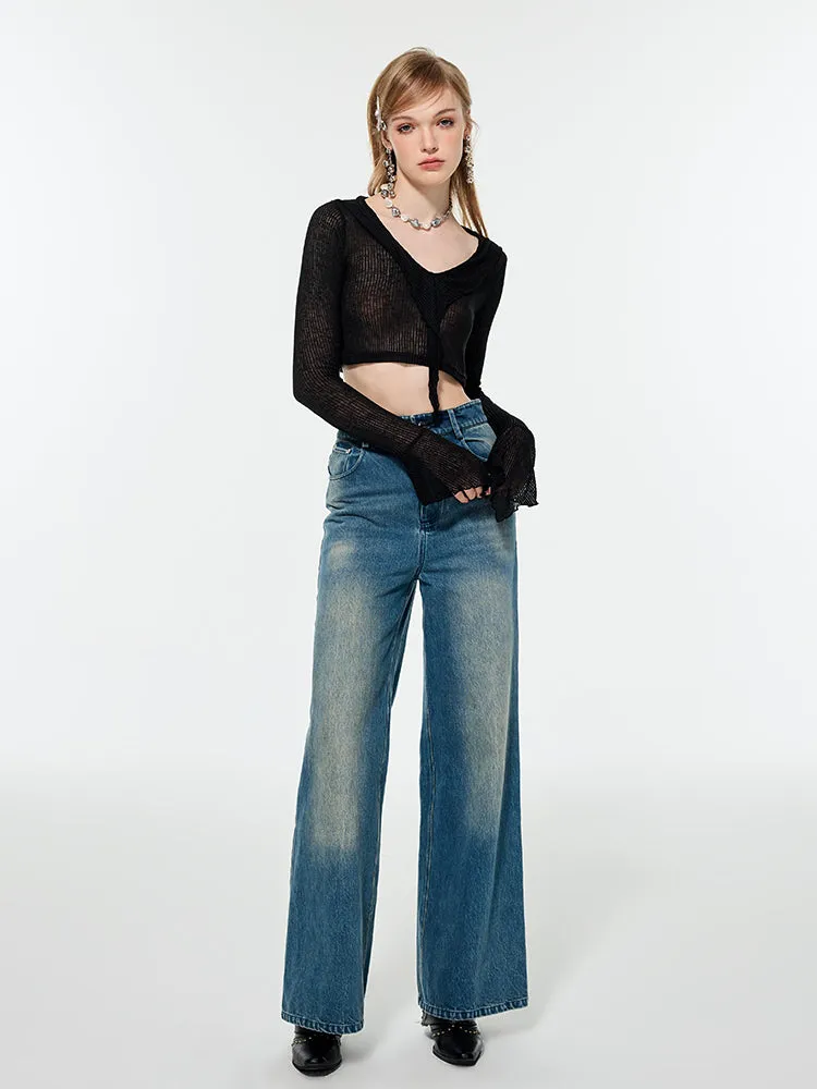 Straight Denim Faded Loose Wide-Pants