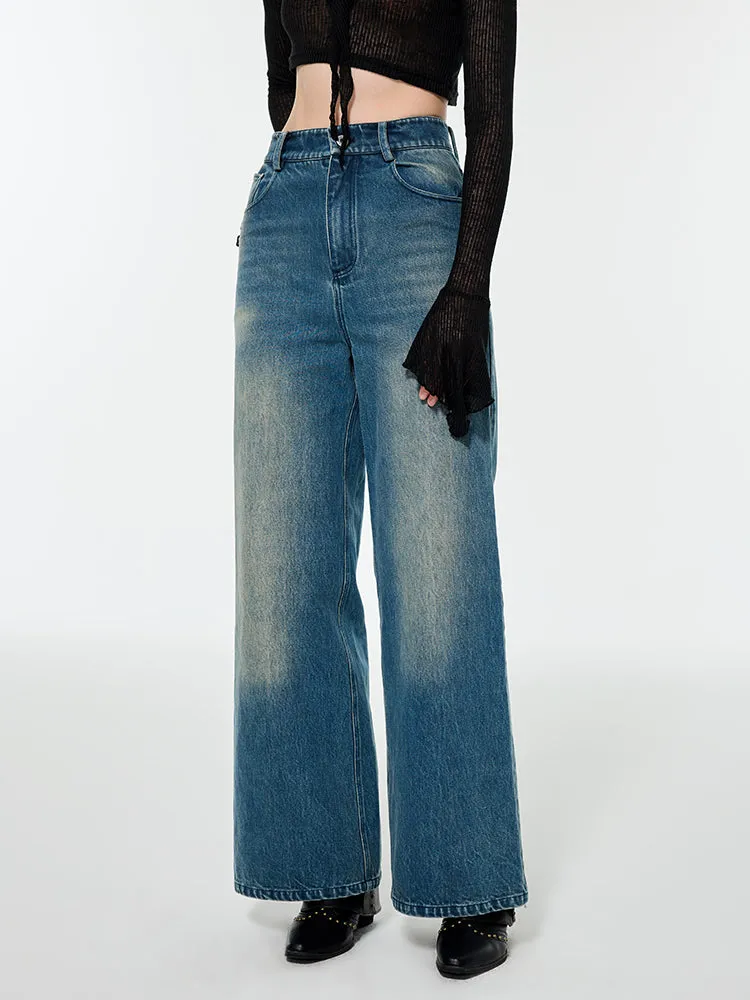 Straight Denim Faded Loose Wide-Pants