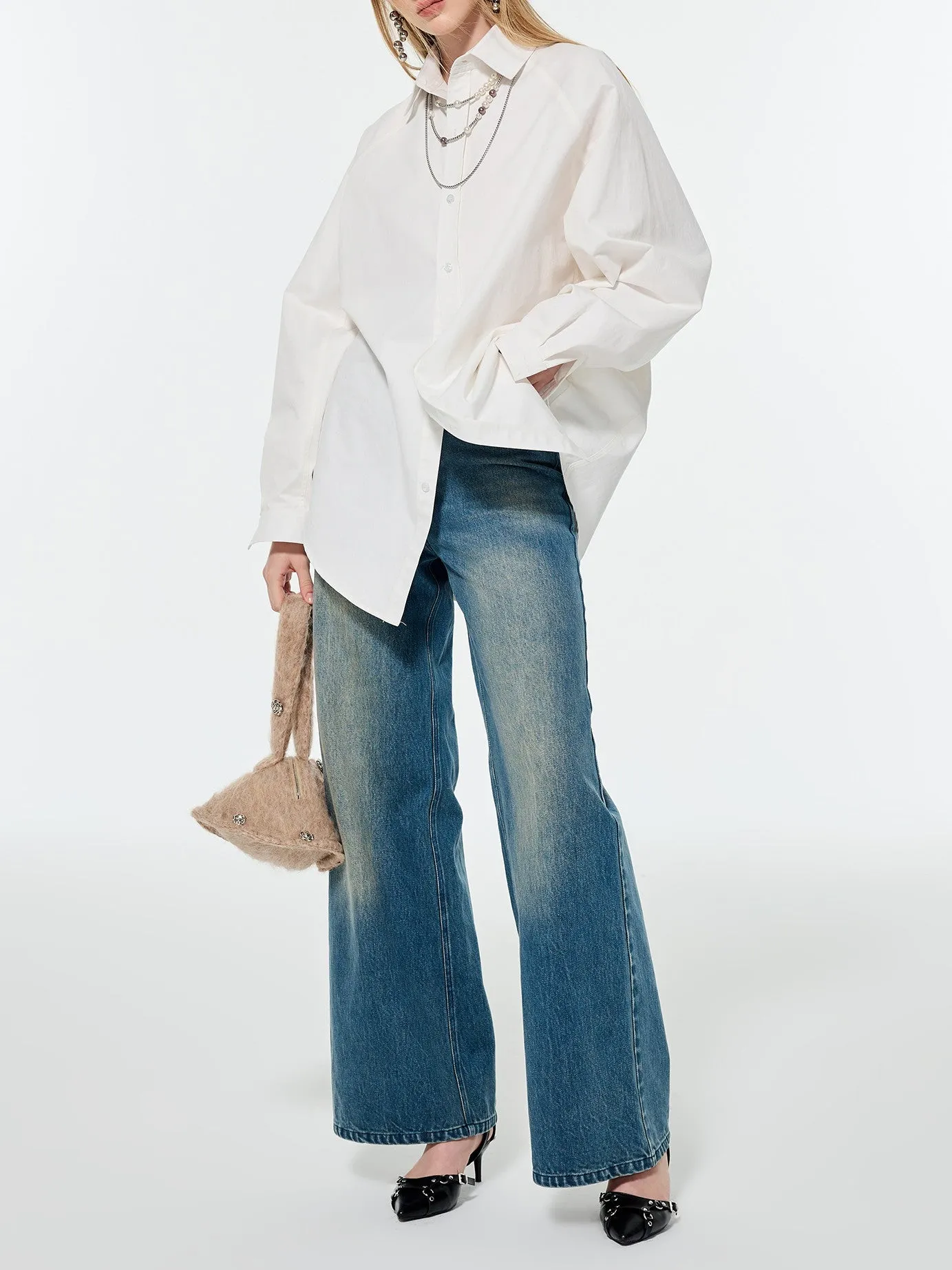 Straight Denim Faded Loose Wide-Pants