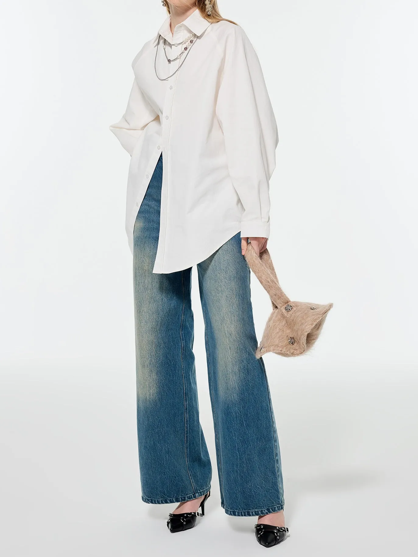 Straight Denim Faded Loose Wide-Pants