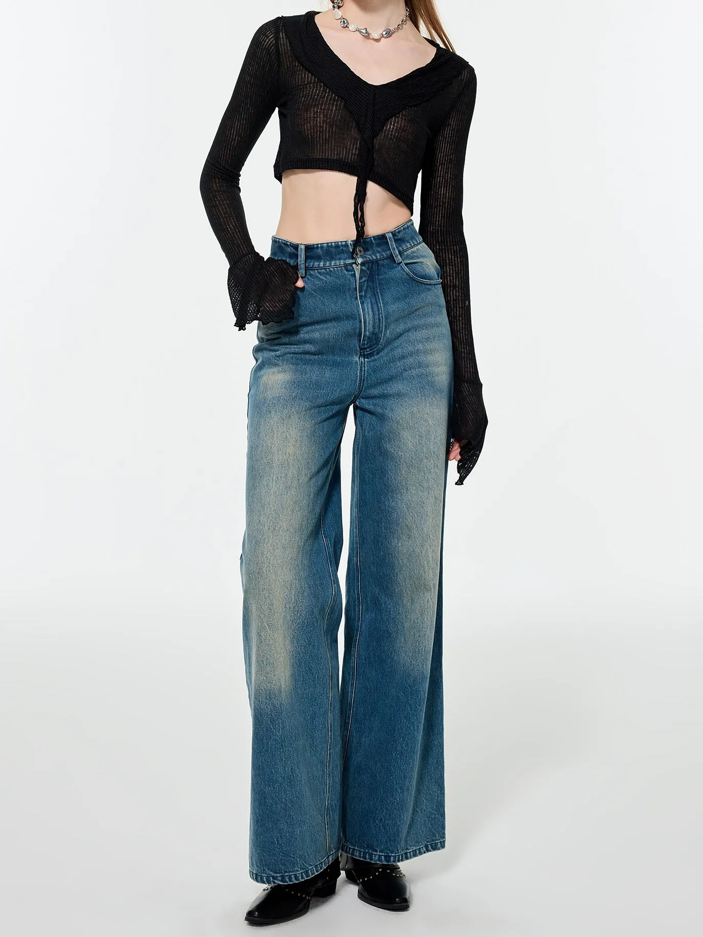 Straight Denim Faded Loose Wide-Pants