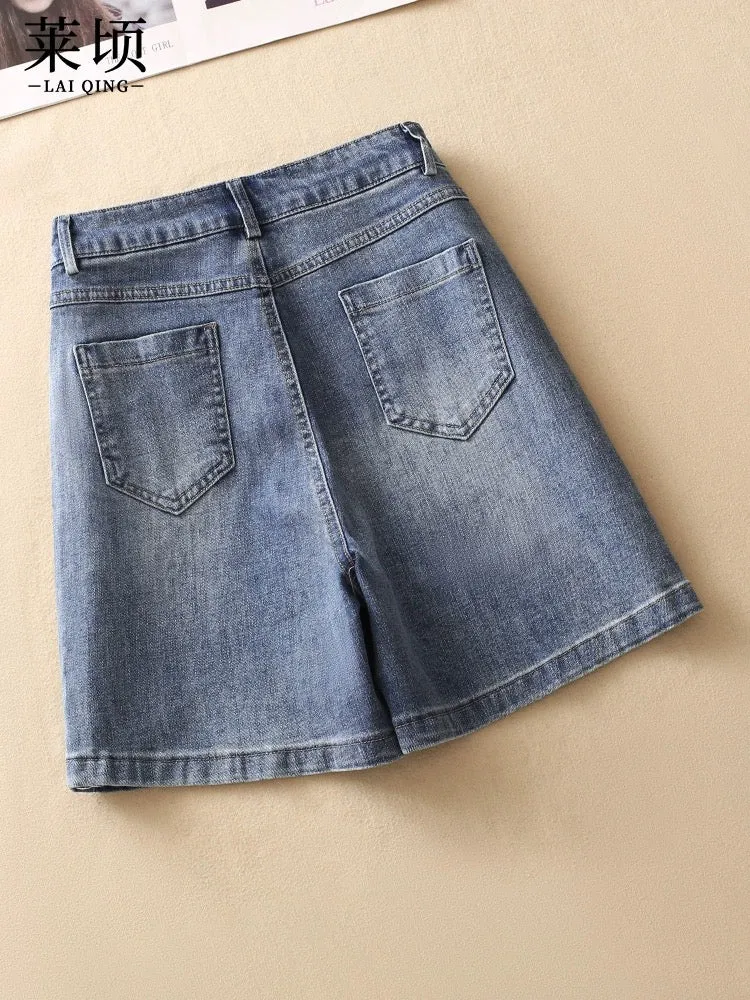 Summer denim shorts women's 2024 new thin fashion high-waisted A-line pants versatile slimming wide-leg mid-pants