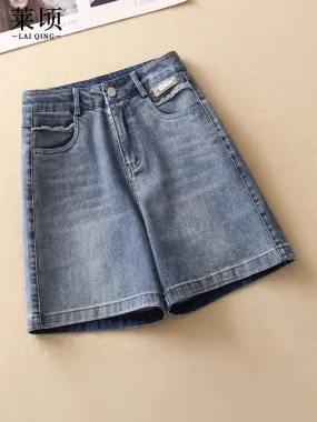 Summer denim shorts women's 2024 new thin fashion high-waisted A-line pants versatile slimming wide-leg mid-pants