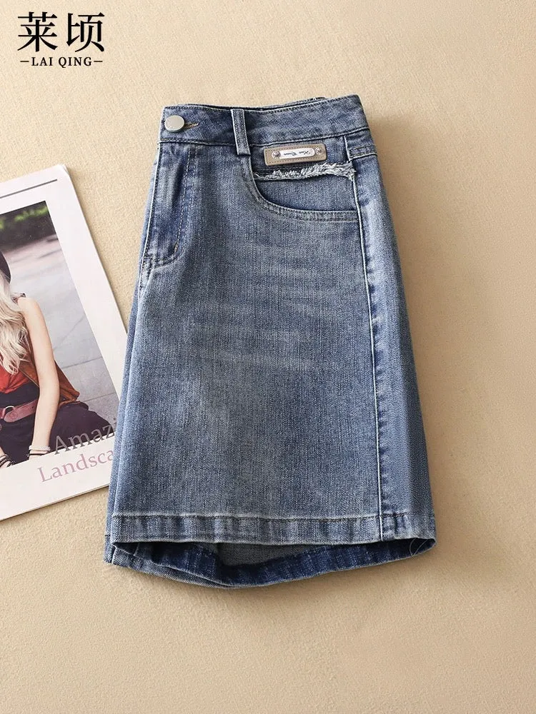 Summer denim shorts women's 2024 new thin fashion high-waisted A-line pants versatile slimming wide-leg mid-pants