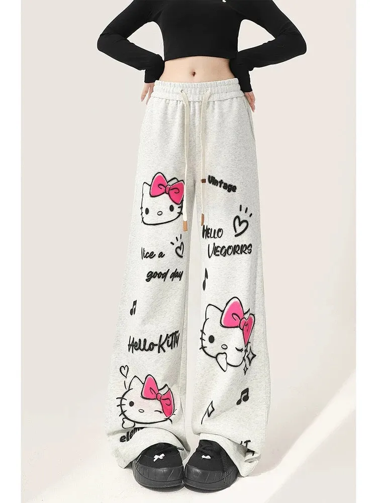 Summer hellokitty gray sweatpants for women spring and autumn 2024 new casual sports straight loose wide leg pants