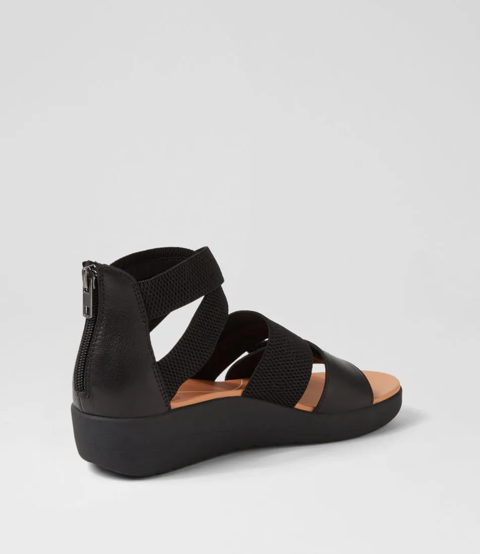 SUPERSOFT Marrin Black Leather Elastic Sandals