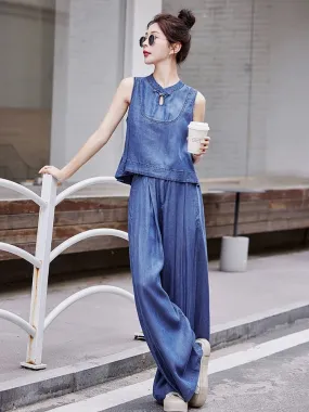 Tencel denim fashion suit for women 2024 summer new national style sleeveless top floor-length wide-leg pants two-piece set