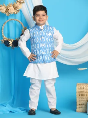 VASTRAMAY Boys' Aqua Nehru Jacket With White Cotton Kurta Pyjama set