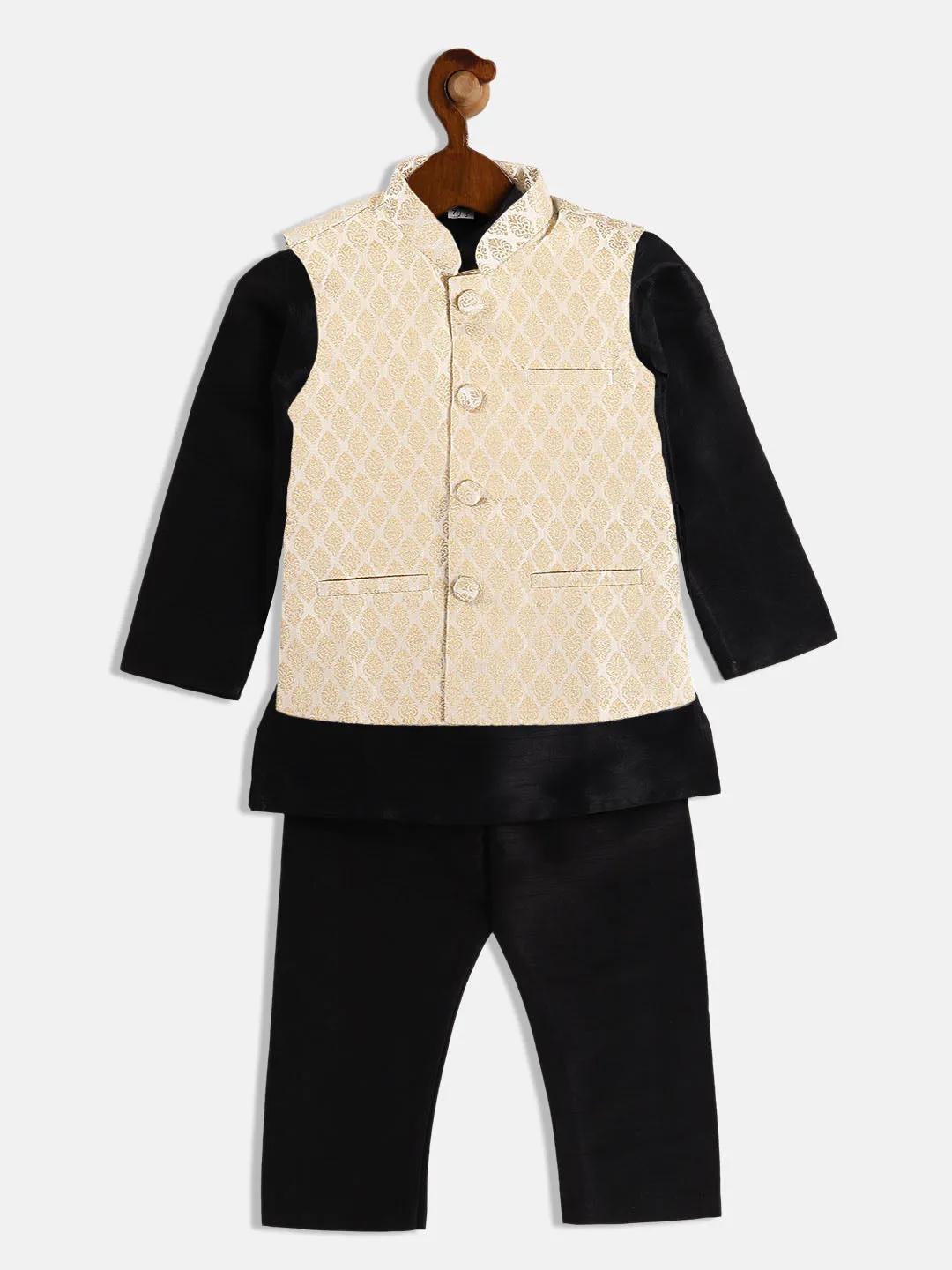 VASTRAMAY Boy's Cream Woven Design Slim Fit Nehru Jacket And Black Kurta Pyjama Set