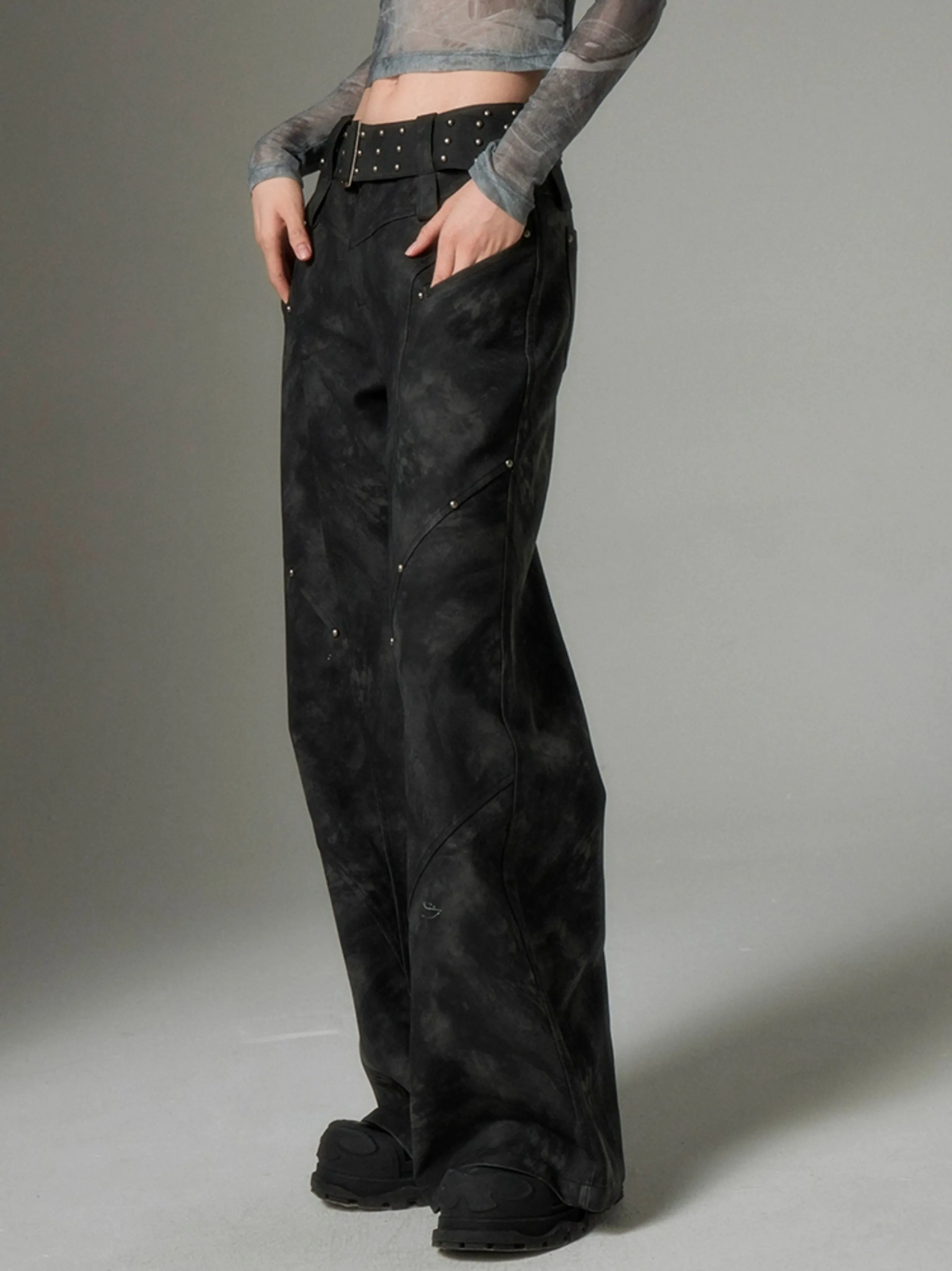 Wide Leg Rivet Leather Pants